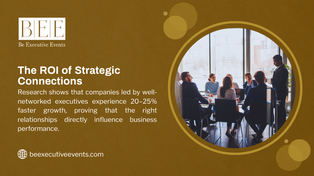 A group in a meeting room, with text stating research shows companies led by well-networked executives experience 20-25% faster growth, proving relationships influence business performance.