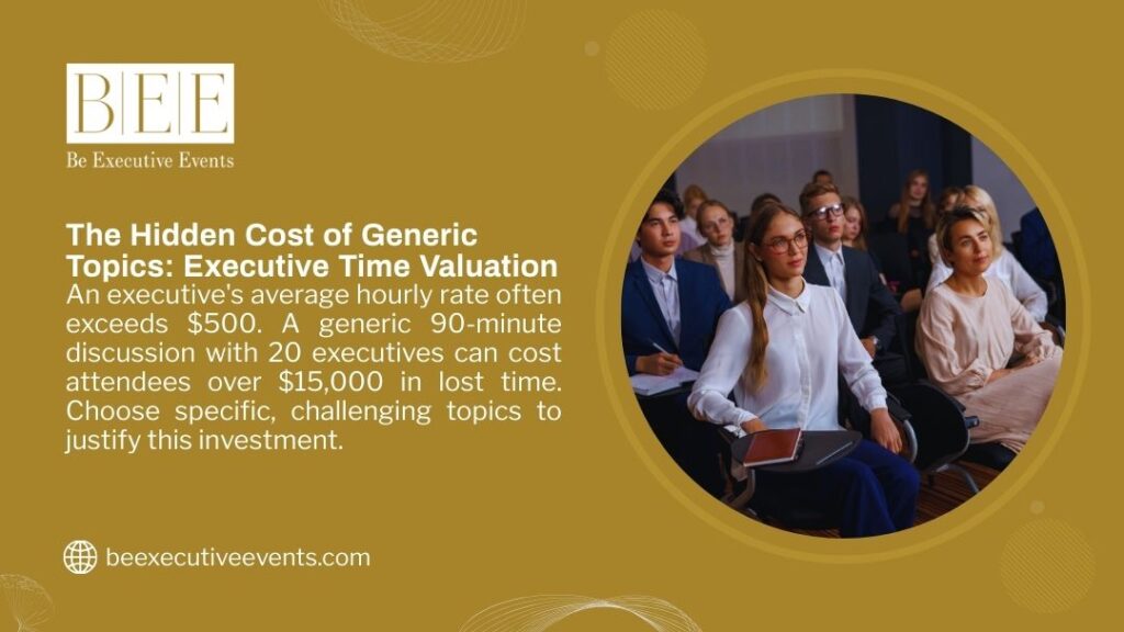 Infographic: "The Hidden Cost of Generic Topics" – Executives average >$500/hr; a dull 90-min roundtable with 20 attendees wastes over $15,000 in time. Choose sharp topics.