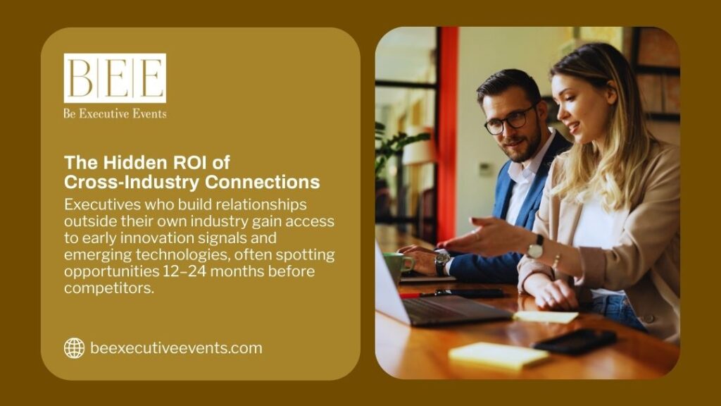 Infographic: "The Hidden ROI of Cross-Industry Connections" – Executives gain early innovation signals & spot opportunities 12-24 months ahead. Two professionals collaborating.