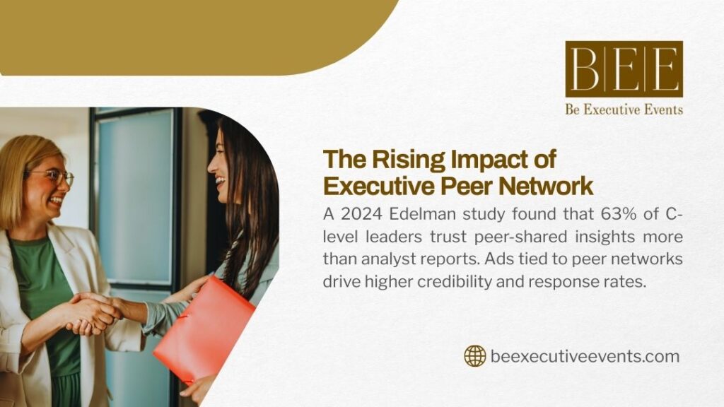 Two executives shaking hands. Focus on 'The Rising Impact of Executive Peer Networks,' which 63% of leaders trust over analyst reports..