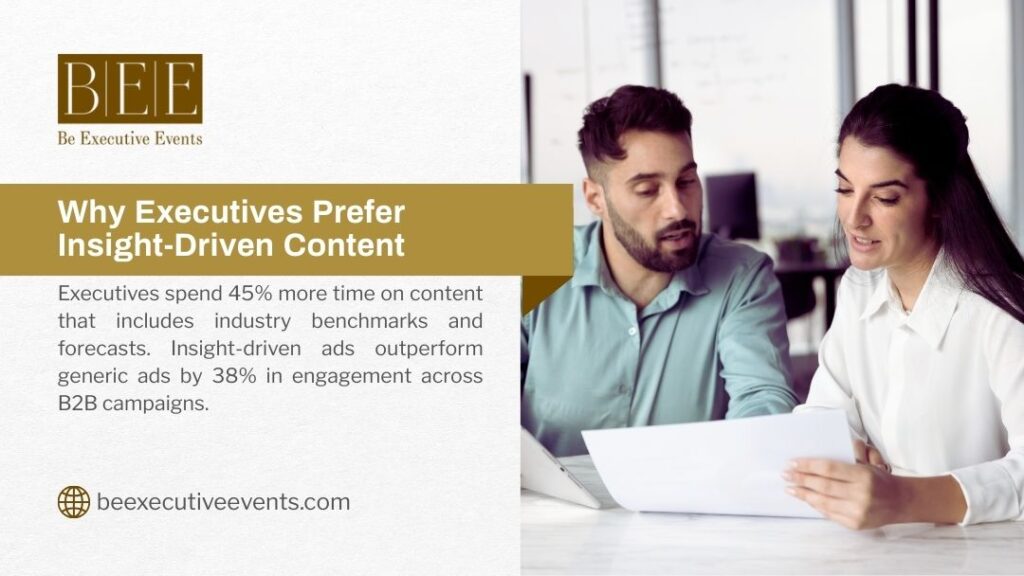 Where to advertise to reach c-level executives - Two executives reviewing a document. Focus on 'Why Executives Prefer Insight-Driven Content,' which drives 38% better B2B engagement.