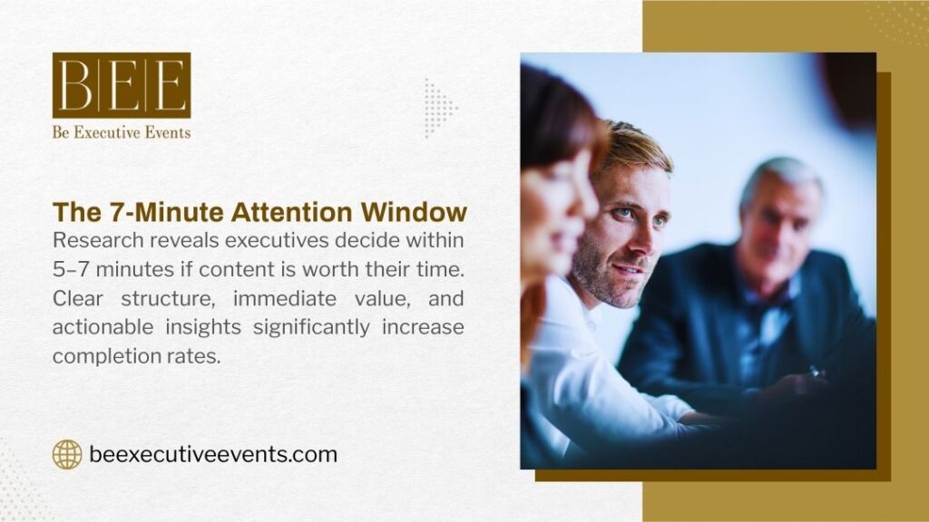 BEE infographic: The 7-Minute Attention Window – Executives decide in 5-7 min if content is worth their time. Clear value & insights boost completion.