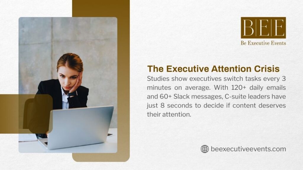 Executive attention crisis showing C-suite leaders switch tasks every 3 minutes with 8 seconds to decide on content relevance