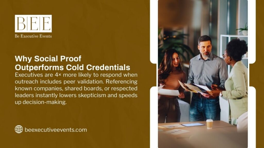 Business professionals reviewing documents demonstrating social proof and peer validation in executive networking