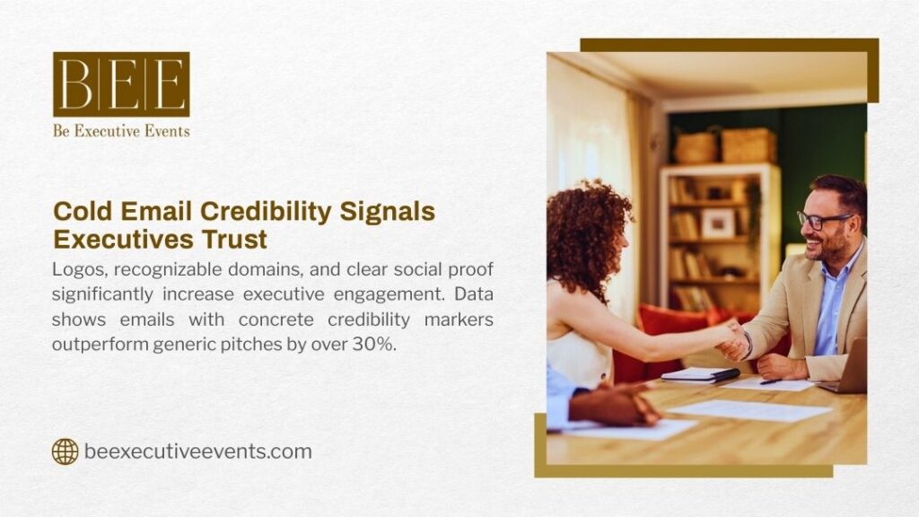 Two professionals shaking hands at wooden desk during business meeting, representing cold email credibility signals and trust-building through logos, domains, and social proof in executive communications.