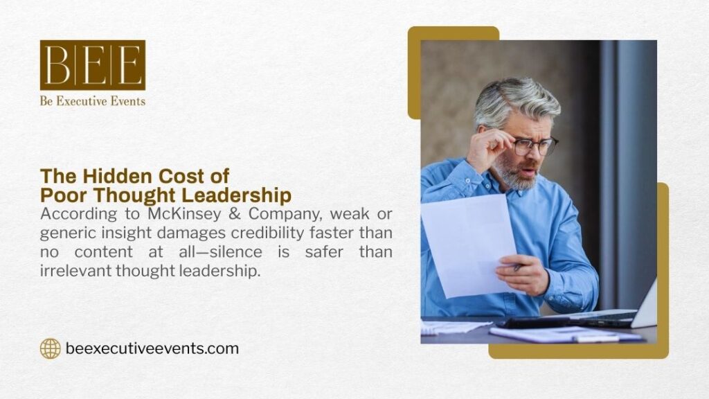 Senior executive reviewing documents at desk, illustrating hidden cost of poor thought leadership where weak insights damage credibility faster than publishing no content.