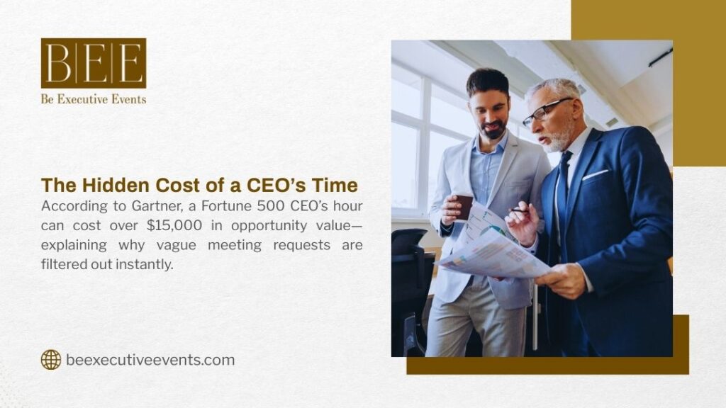 Two business executives reviewing documents in modern office, illustrating hidden cost of CEO's time valued at $15,000 per hour in opportunity costs.