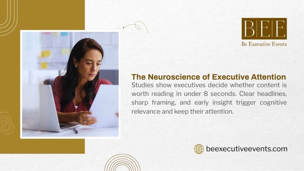 Professional woman reviewing content on laptop, illustrating neuroscience of executive attention showing how clear headlines and framing capture decision-maker focus.