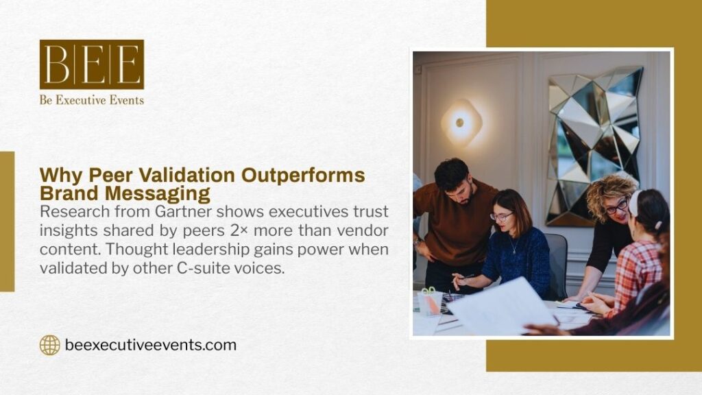 Business executives collaborating in modern office meeting, demonstrating peer validation and thought leadership effectiveness outperforming traditional brand messaging.