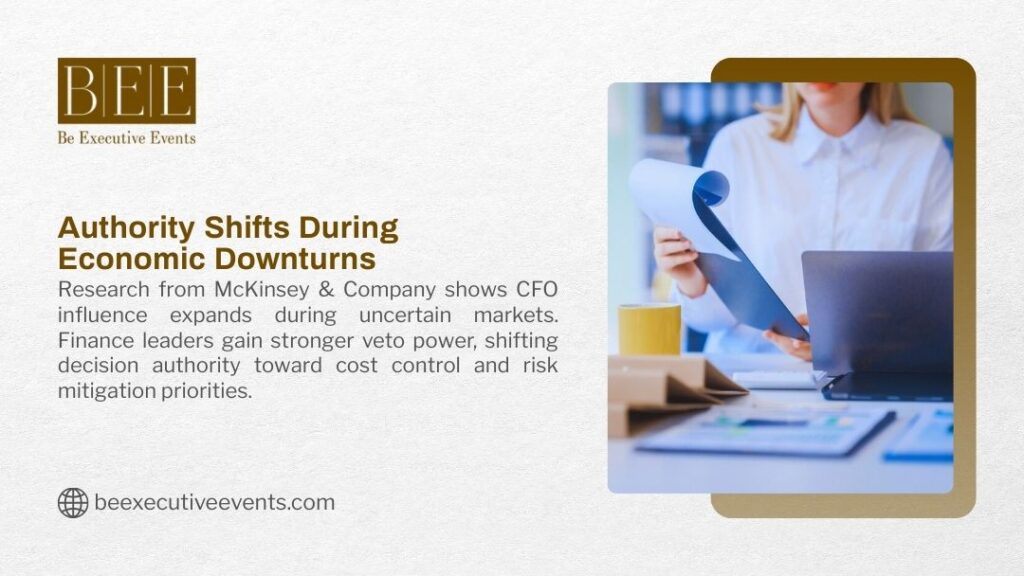 Finance executive reviewing budget charts and graphs on laptop, illustrating CFO authority expansion during economic downturns and uncertainty