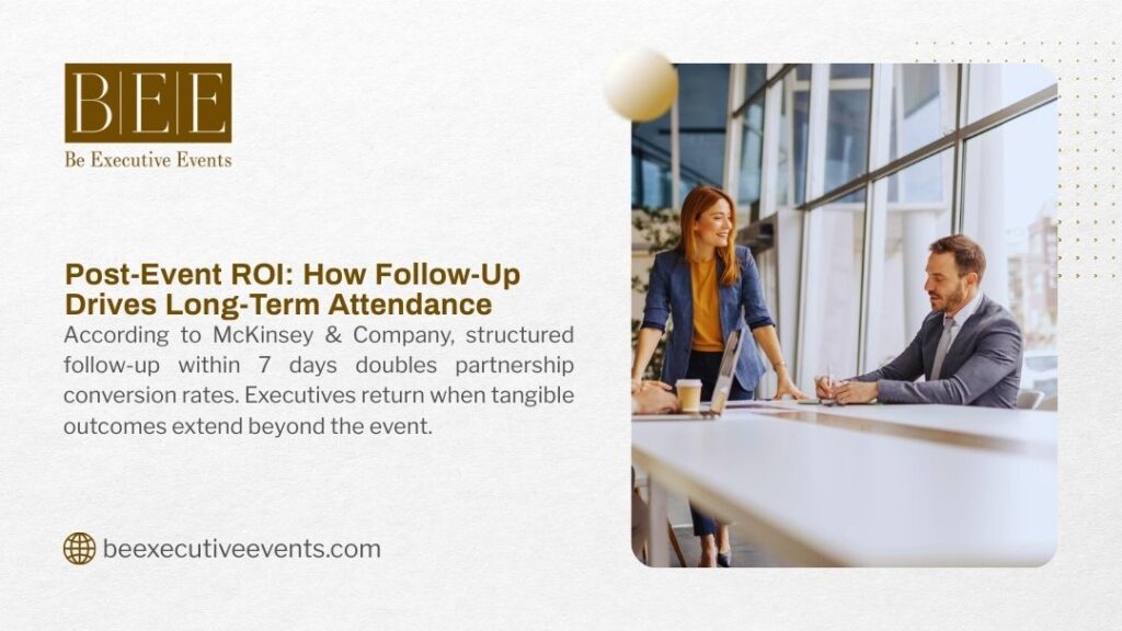 Business professionals meeting at modern office window with city view, illustrating post-event follow-up doubles partnership conversion rates