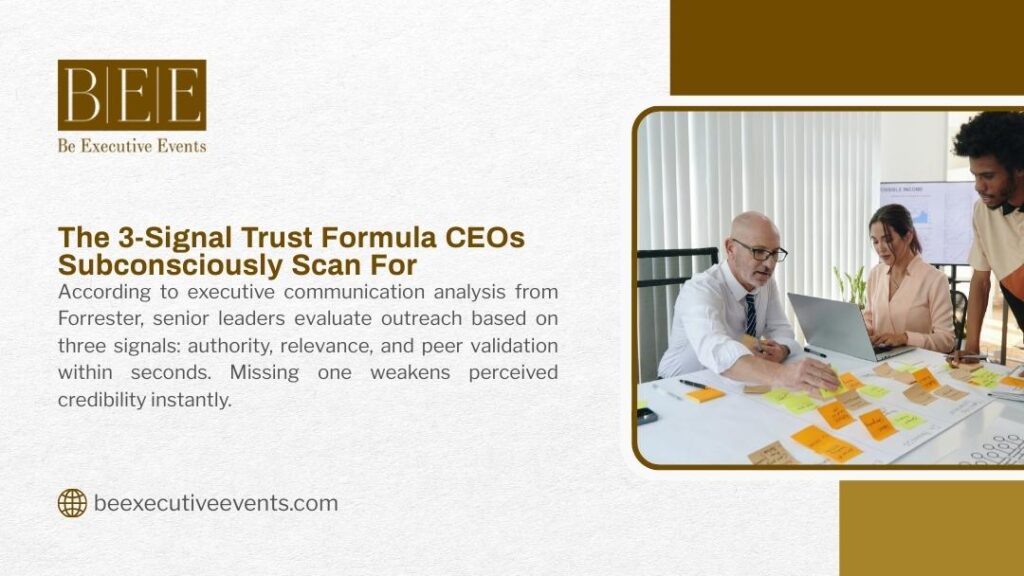 Business team collaborating with sticky notes, demonstrating 3-signal trust formula of authority, relevance, and peer validation