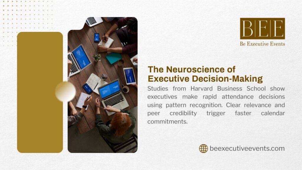 Executive team overhead view with multiple laptops and devices at wooden desk, illustrating neuroscience of pattern recognition in decision-making