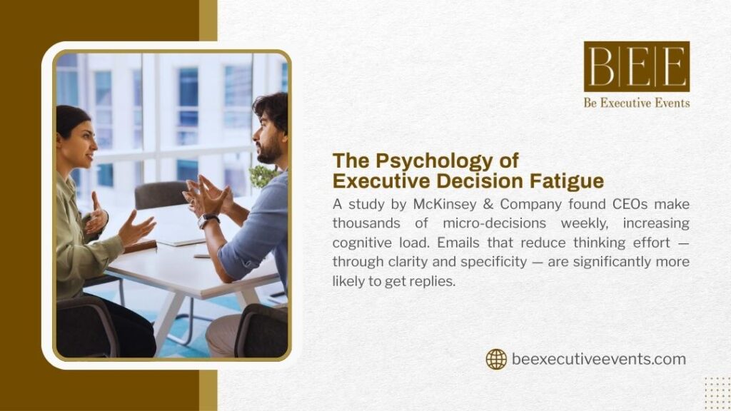 Business professionals discussing in office, illustrating executive decision fatigue and cognitive load from daily micro-decisions.