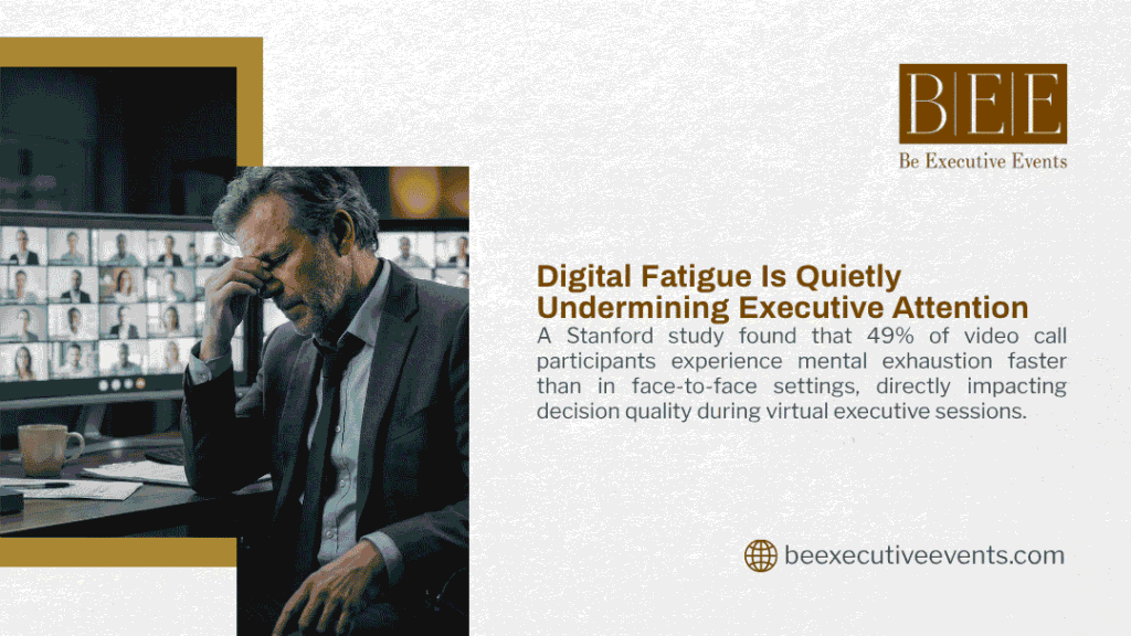 Exhausted executive rubbing his eyes in front of a video call grid screen, illustrating how digital fatigue undermines executive attention and decision-making.