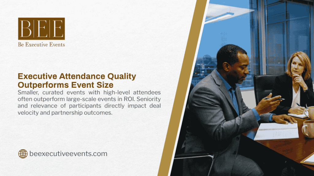 Two senior executives in focused discussion at a high-level business meeting, illustrating why executive attendance quality drives more ROI than large event headcounts.
