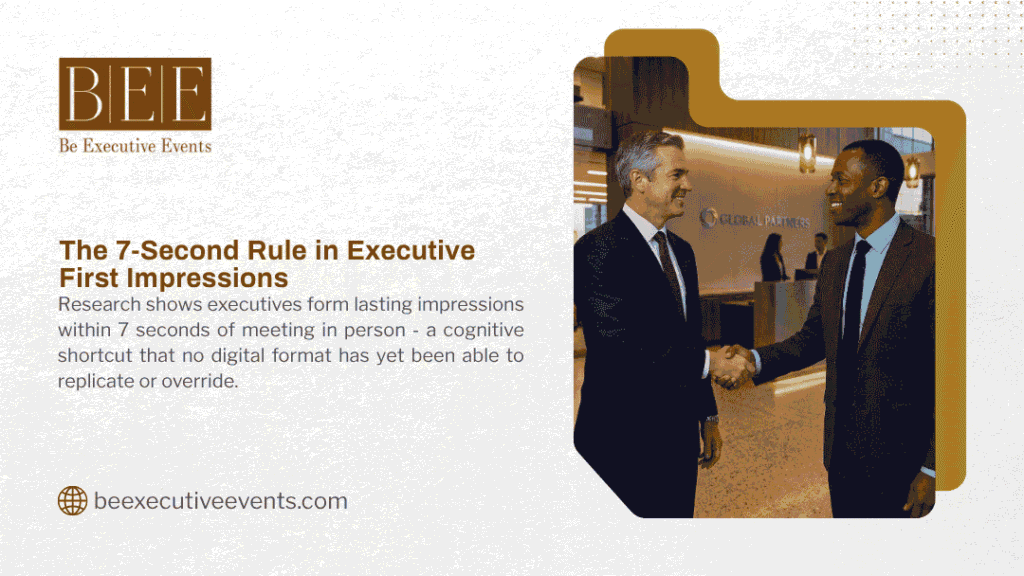 Two executives in suits shaking hands in a corporate lobby, illustrating the 7-second rule in forming lasting executive first impressions.