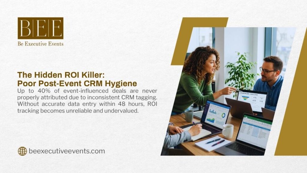 Two professionals reviewing CRM event lead dashboards on laptops, illustrating how poor post-event CRM hygiene kills ROI tracking and deal attribution accuracy.