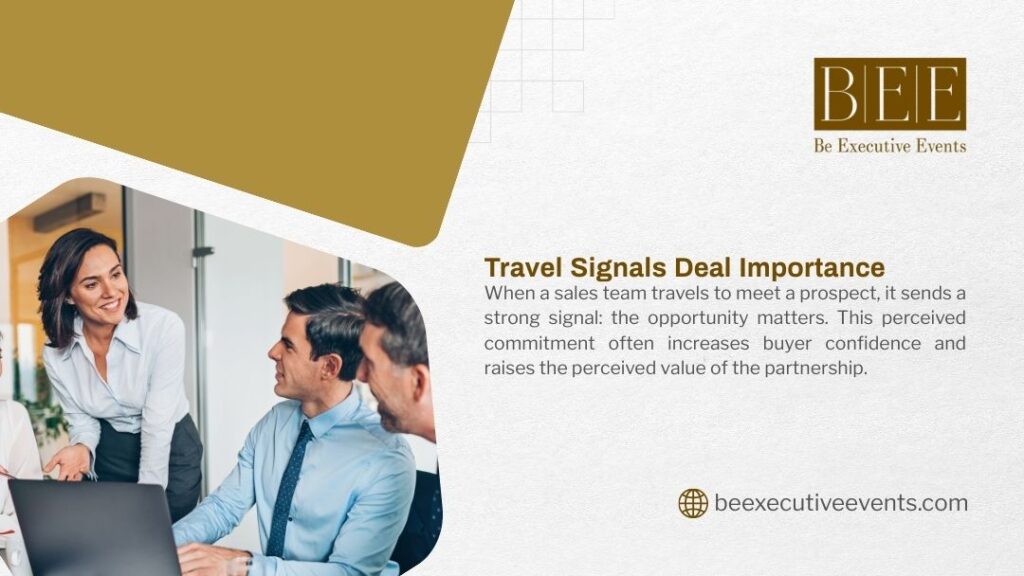 Sales team in modern office: smiling woman in blouse standing, two men in shirts and ties seated at laptop, engaged in discussion—illustrating travel signals and commitment in face-to-face sales.