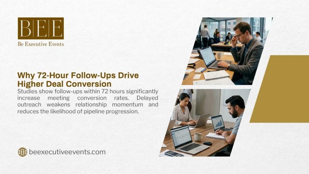 Business professionals following up on leads via laptop and phone after an executive event, illustrating why 72-hour follow-ups drive higher deal conversion rates.
