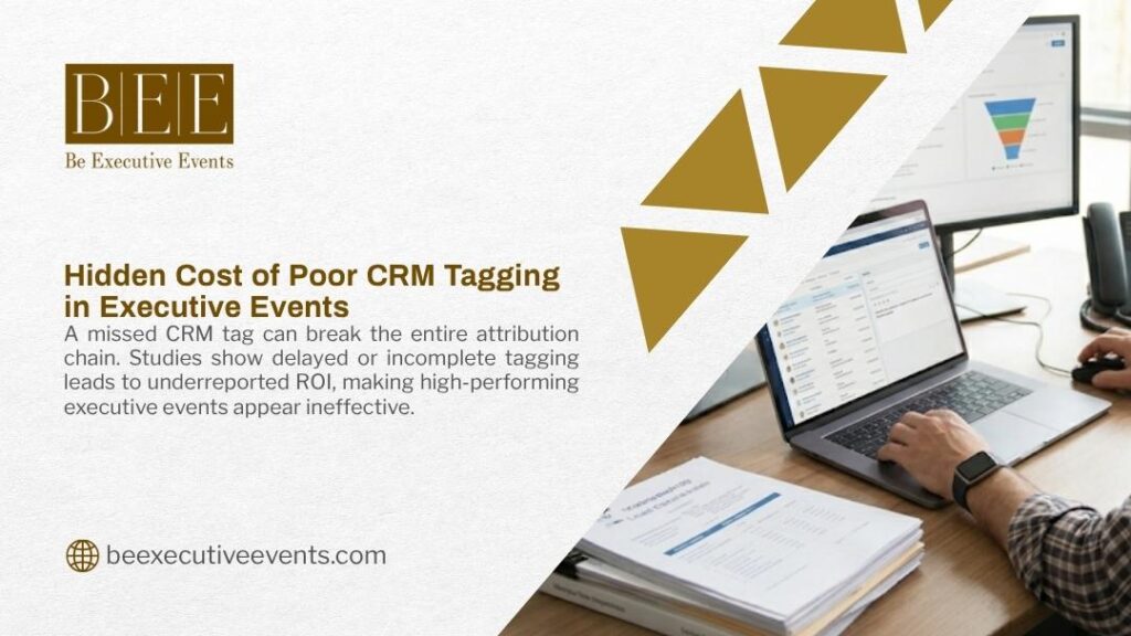 Professional working on a CRM dashboard on a laptop, highlighting the hidden cost of poor CRM tagging in executive events