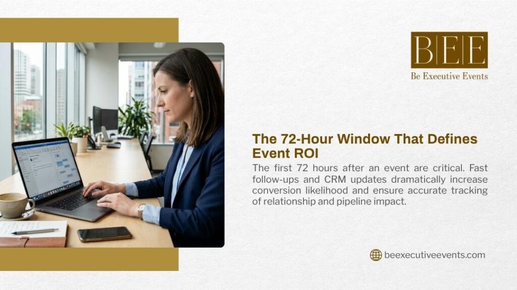 Businesswoman doing urgent post-event follow-ups on a laptop, representing the critical 72-hour window that defines event ROI.