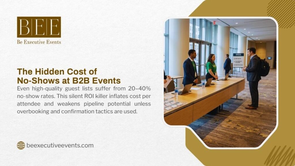 The Hidden Cost of No-Shows at B2B Events
Alt: Professionals networking at a B2B event registration desk with attendees and staff in a modern conference hall.