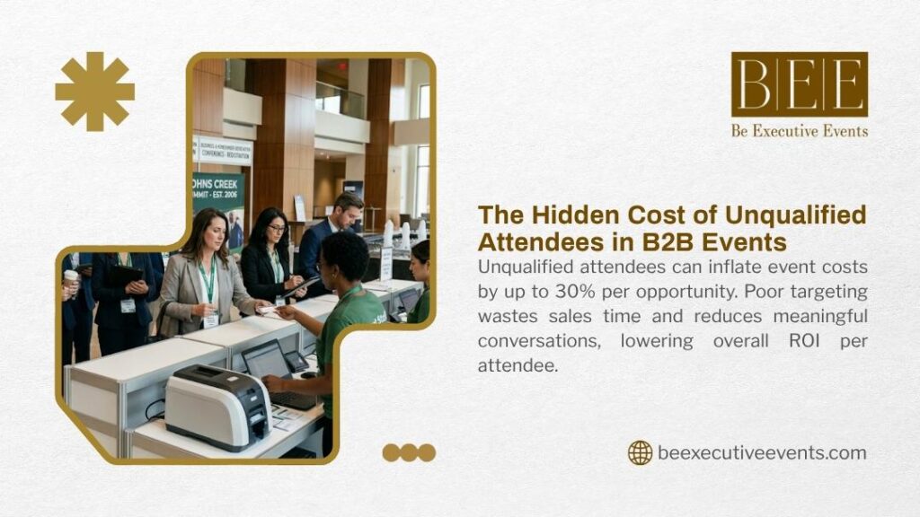 Attendees registering at B2B event check-in desk with staff, highlighting the challenge of unqualified attendees at conferences.
