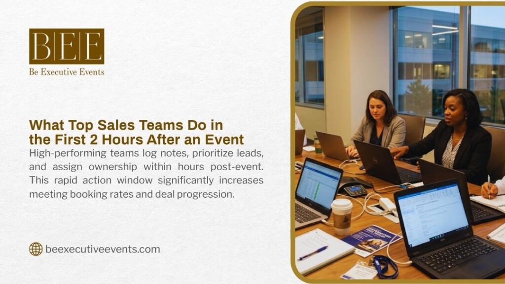 Sales team working on laptops in the first hours after a B2B event, logging notes and prioritizing leads at a conference table.