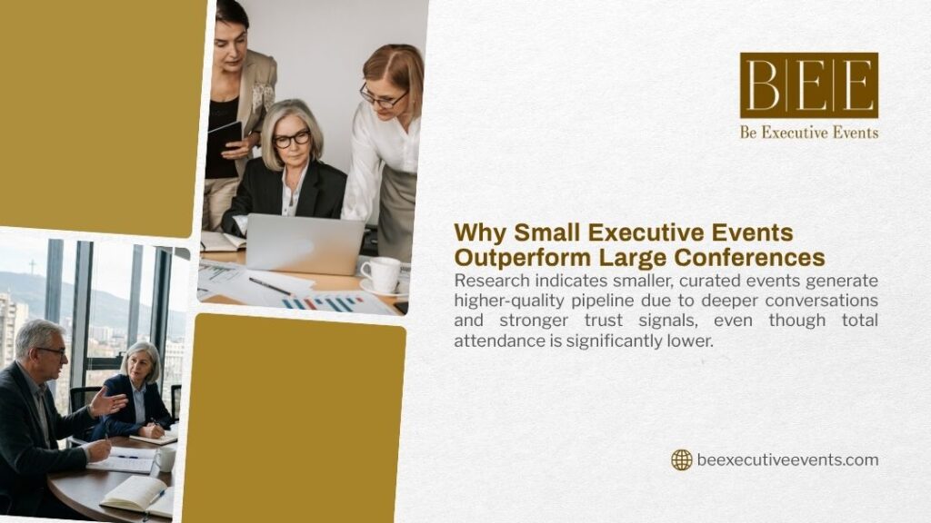 Business professionals collaborating in small group meetings, showing why small executive events outperform large conferences in ROI.