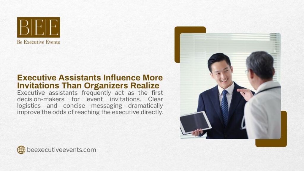 An assistant shows a tablet to a senior manager, demonstrating how executive assistants influence more invitations than organizers realize by acting as the initial gatekeeper.