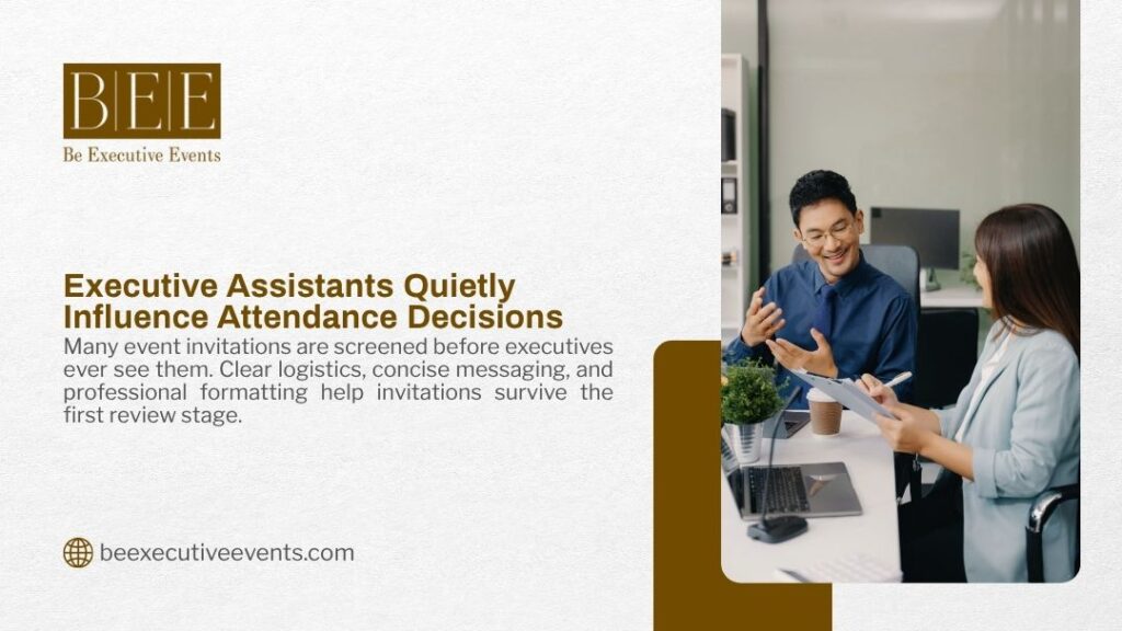 BEE Executive Events graphic "Executive Assistants Quietly Influence Attendance Decisions" showing a smiling man in blue shirt gesturing while speaking with a woman holding a tablet in an office setting.