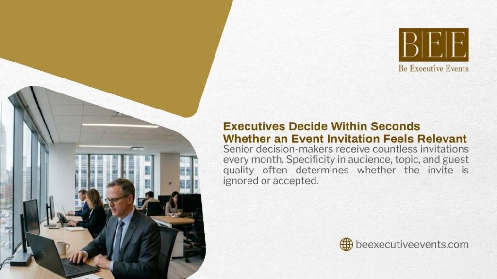 Executive in suit reviewing laptop in modern office. Be Executive Events graphic on how executives decide within seconds whether an event invitation feels relevant.