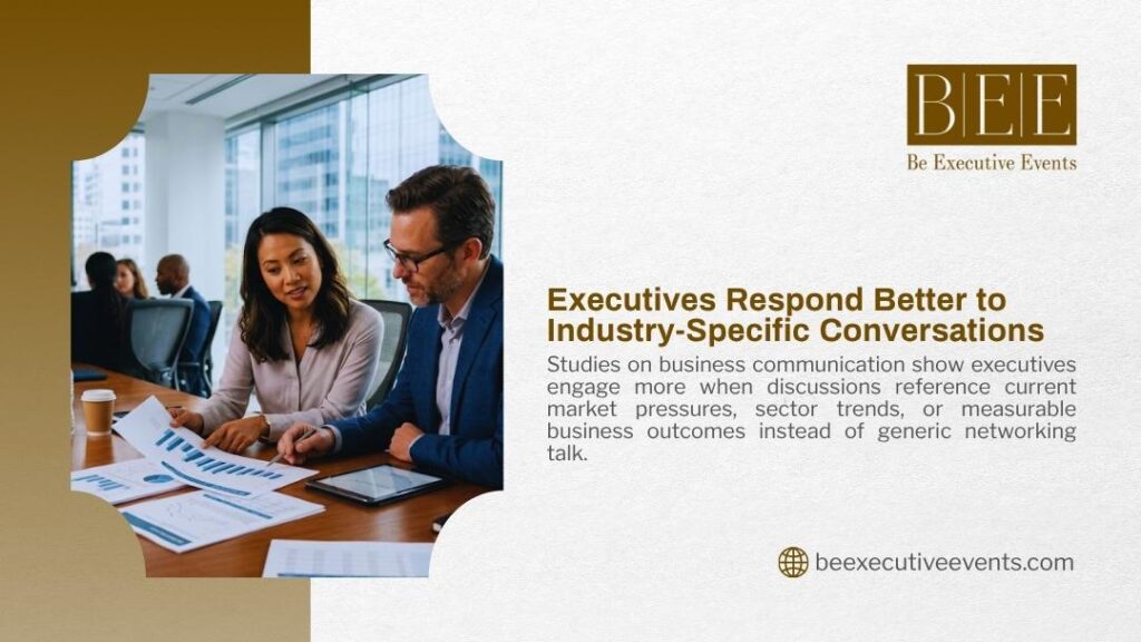 BEE Executive Events graphic "Executives Respond Better to Industry-Specific Conversations" showing a businesswoman and businessman reviewing charts and documents together at a meeting table.