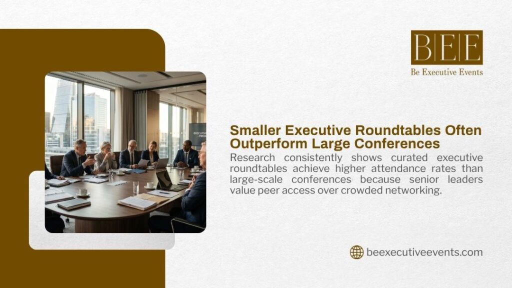 Business leaders hold a discussion around a boardroom table, showing how smaller executive roundtables often outperform large conferences by offering intimate peer networking.