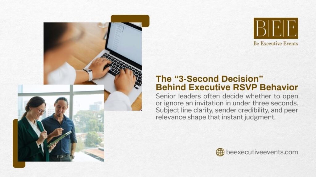 A professional manages digital invitations on a laptop, illustrating the "3-second decision" behind executive RSVP behavior based on subject line clarity and peer relevance.