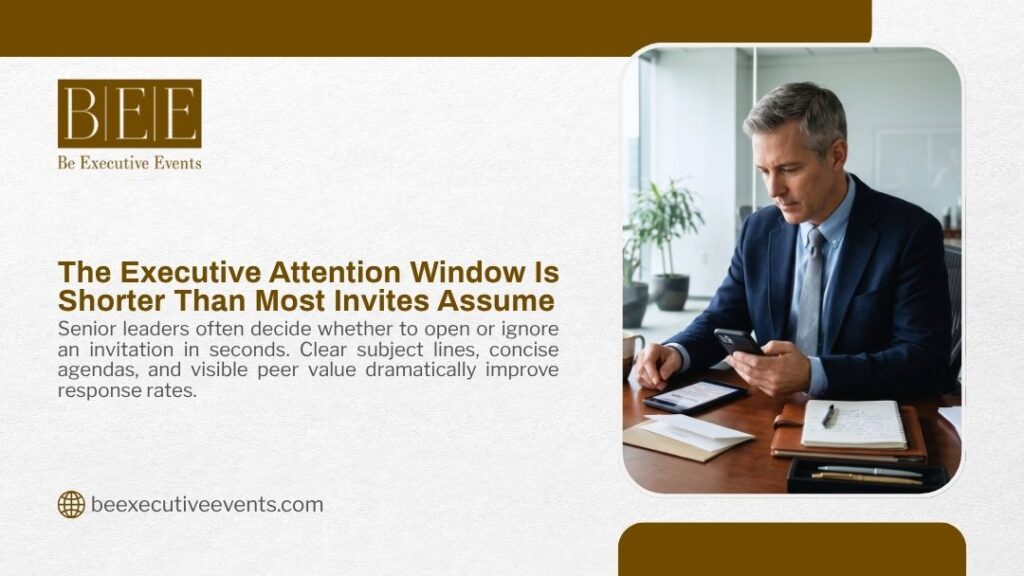 A businessman checks an alert on his smartphone while sitting at an office desk, highlighting why the executive attention window is shorter than most invites assume during a busy workday.
