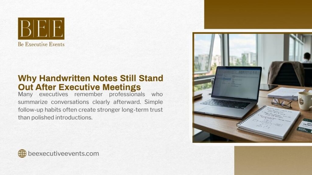 BEE Executive Events infographic "Why Handwritten Notes Still Stand Out After Executive Meetings" with desk photo showing laptop, handwritten notebook, and meeting follow-up items.