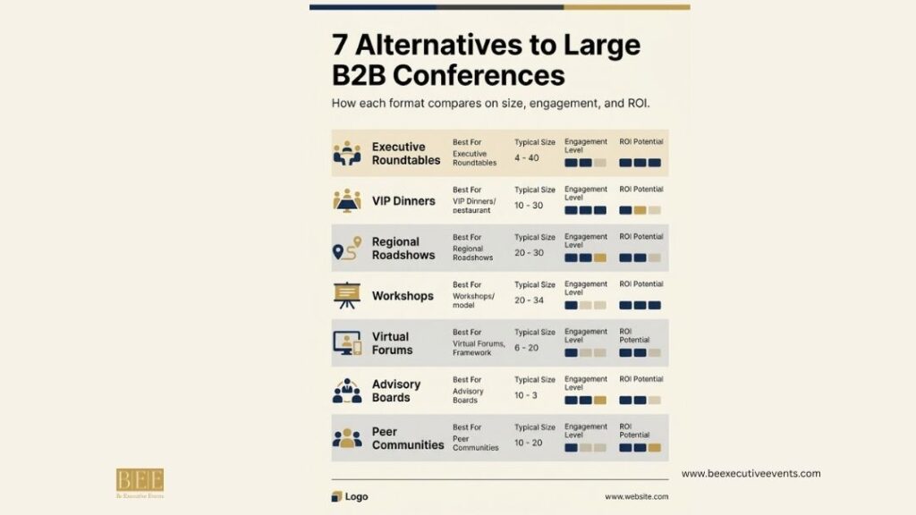 Be Executive Events infographic: 7 alternatives to large B2B conferences—executive roundtables, VIP dinners, roadshows, workshops, virtual forums, advisory boards, and peer communities.