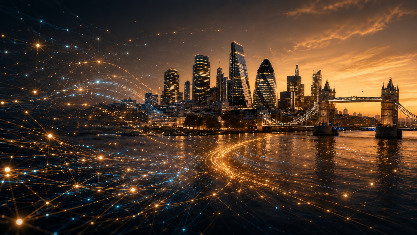 London skyline and Tower Bridge at sunset, overlaid with glowing blue and gold digital networks and data pathways, symbolising AI, digital transformation, identity and access management, and innovation across financial services.