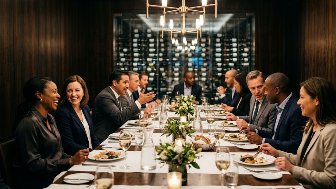 Alternatives to large B2B conferences: business professionals dine and converse around a long table at an intimate executive dinner in an upscale private room with a wine wall.