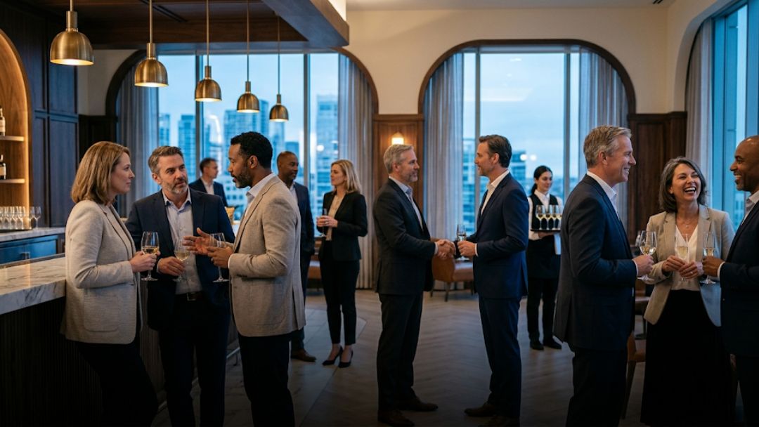 Boutique events vs trade shows: business professionals network over drinks and handshakes at an upscale evening reception in a room with city skyline views.