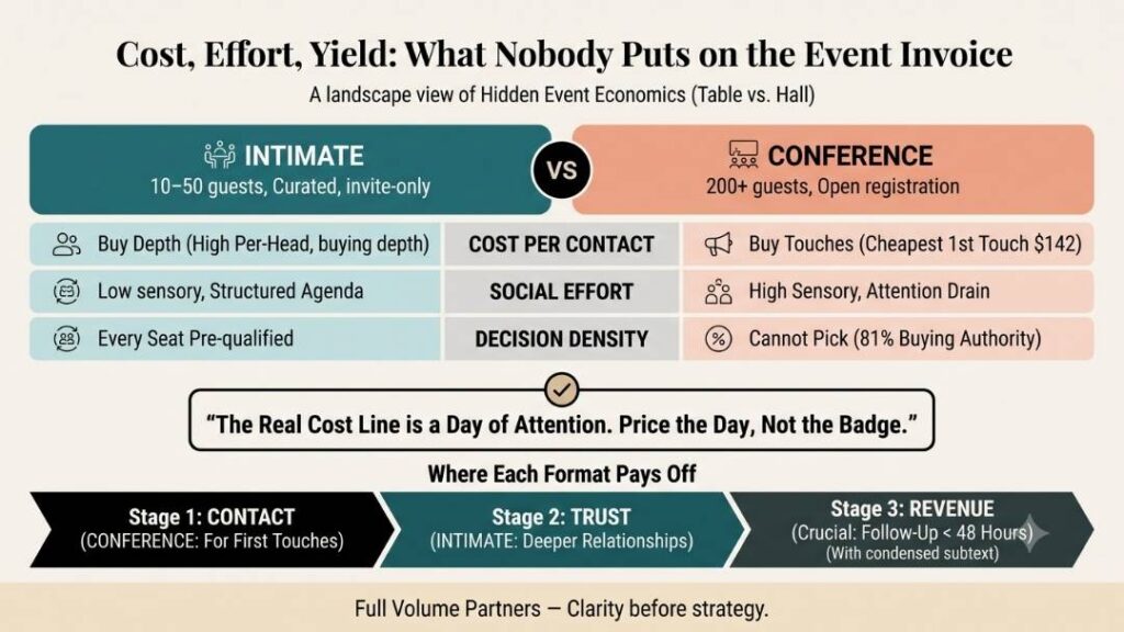 Infographic on hidden event economics comparing intimate 10–50 guest dinners with 200+ guest conferences across cost per contact, social effort and decision density, plus where each format pays off.