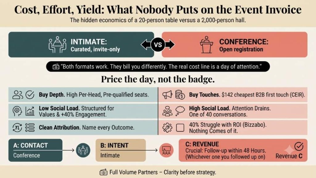 Infographic on the hidden economics of a 20-person table versus a 2,000-person hall, comparing buying depth, social load and attribution, and mapping contact, intent and revenue across both formats.