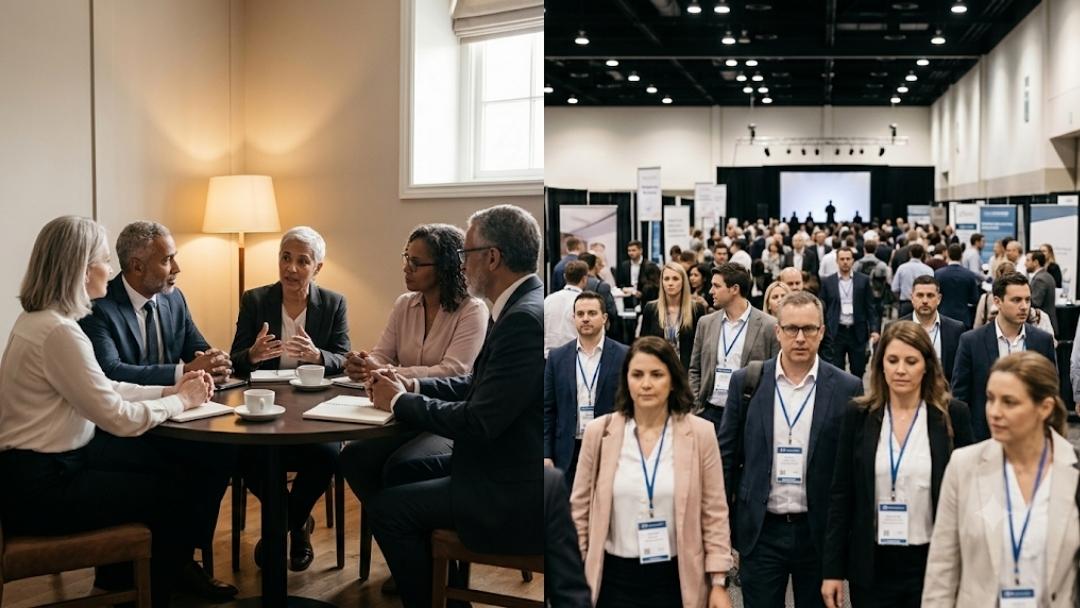 Split image contrasting intimate networking, with five executives talking around a small table, against conference networking, with badged delegates crowding a large hall.