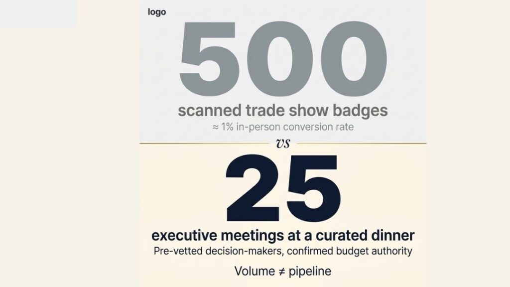 Graphic contrasting 500 scanned trade show badges (~1% conversion) with 25 executive meetings at a curated dinner of pre-vetted decision-makers: volume ≠pipeline.