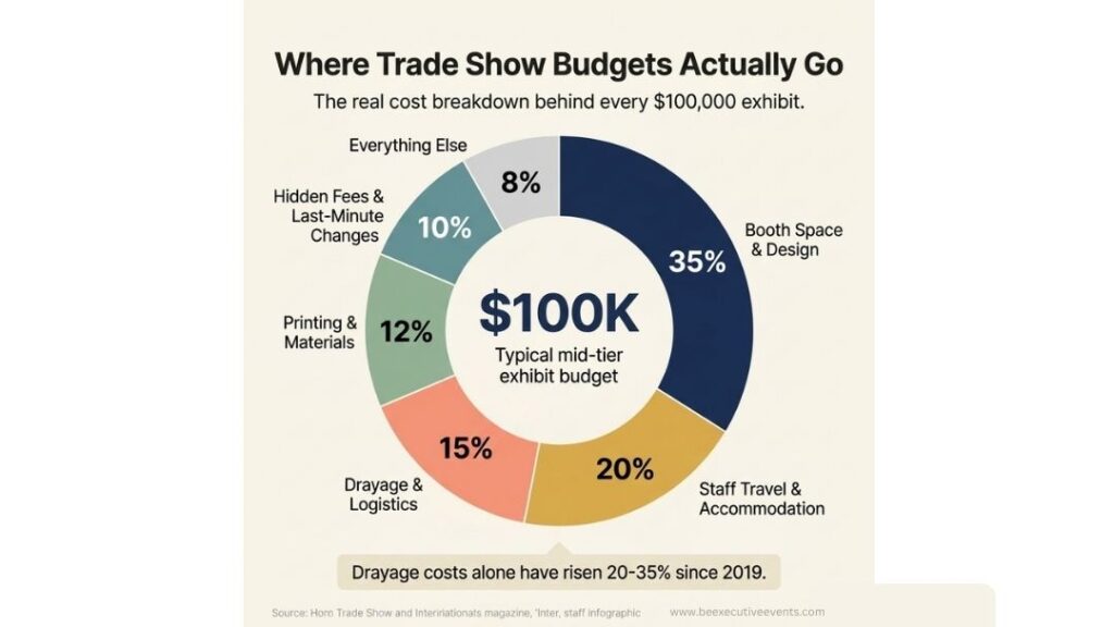 Be Executive Events donut chart of a $100K trade show budget: 35% booth space, 20% staff travel, 15% logistics, 12% printing, 10% hidden fees, 8% other.