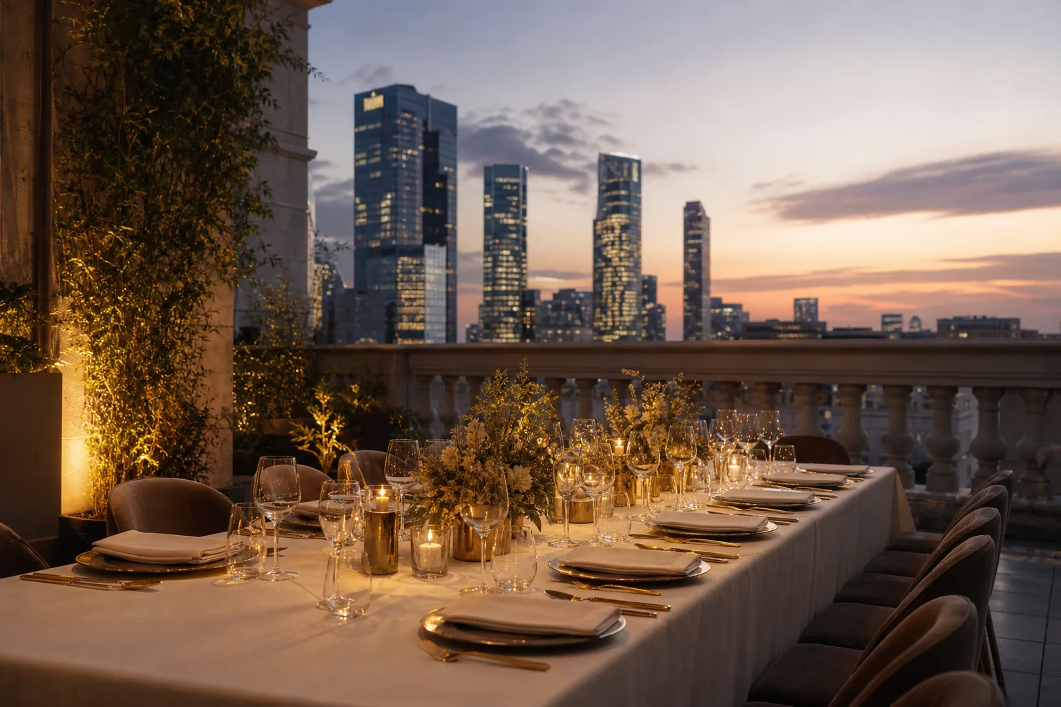 A candlelit executive dinner table set for a dozen guests on a skyline terrace before arrival