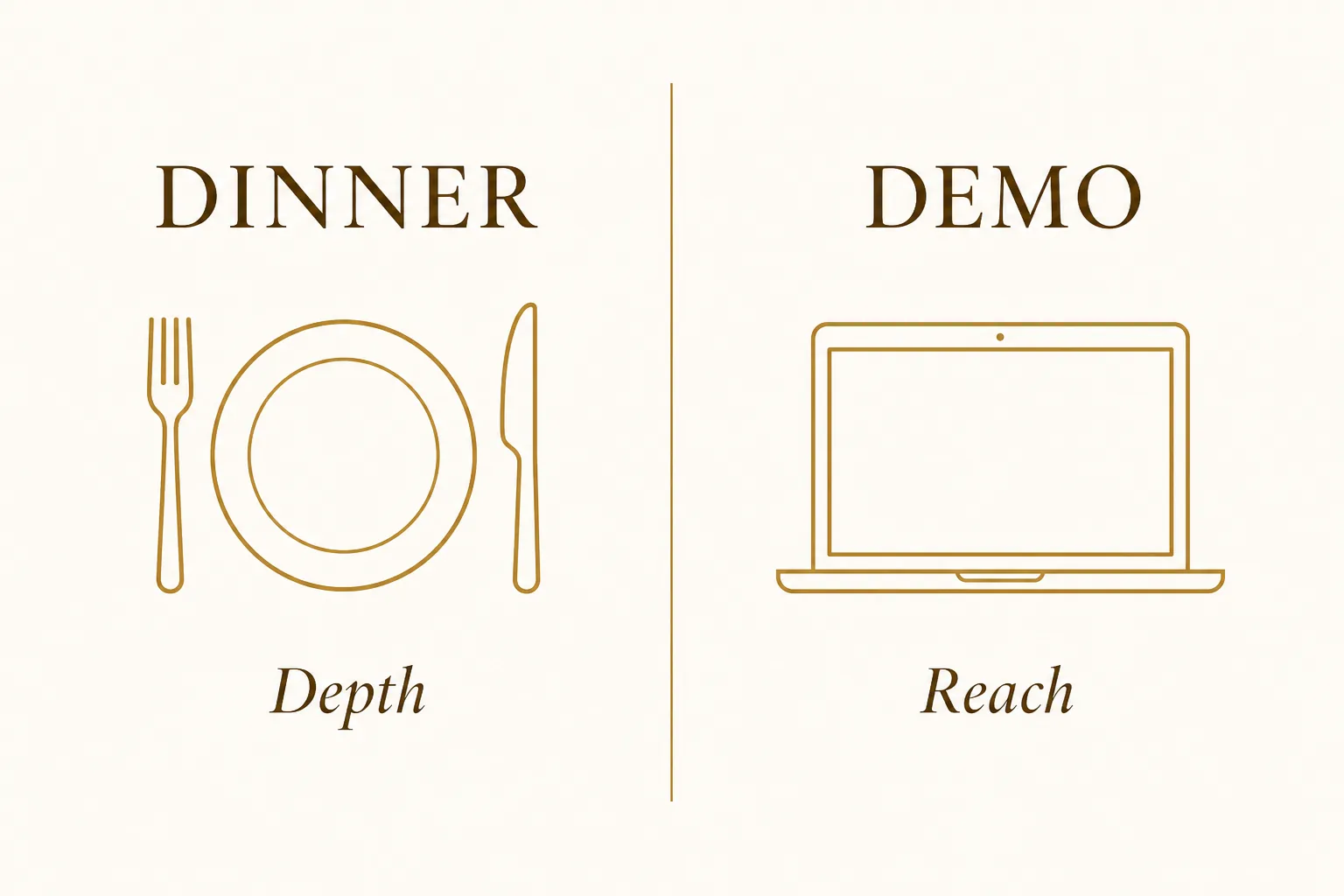 Comparison graphic contrasting an executive dinner focused on depth versus a demo focused on reach