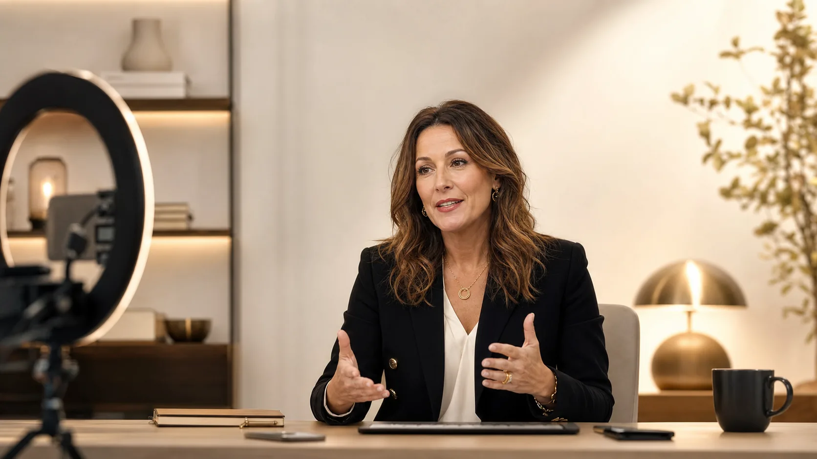 A composed female executive hosting a virtual roundtable from a warmly lit broadcast studio desk